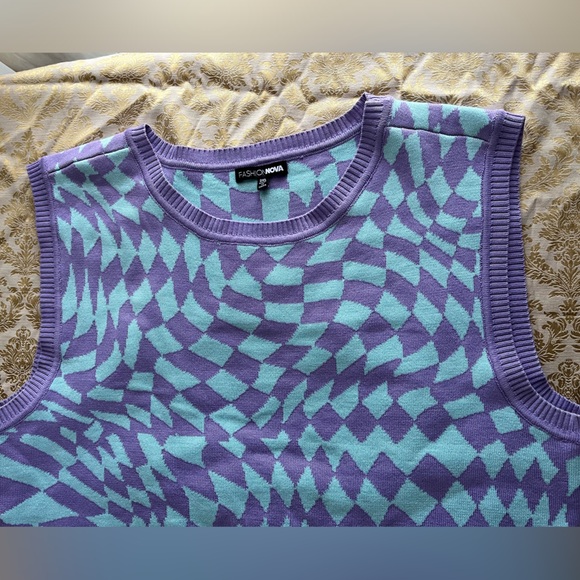 2XL Fashion Nova Blue and Purple Checker Stretchy Knit Bodycon Knee Length Dress - Picture 4 of 5